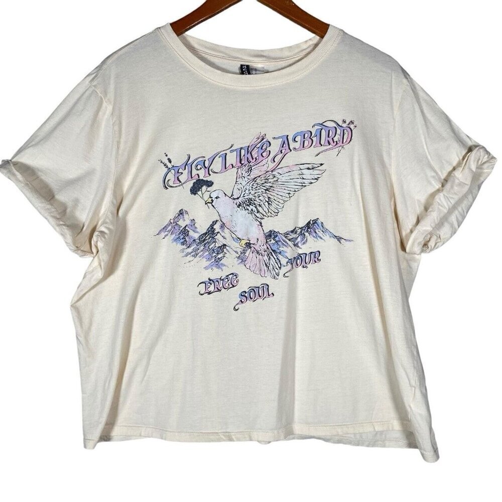H&M Divided Graphic T-Shirt Women's XL Fly Like a Bird Free Your Soul Mountains